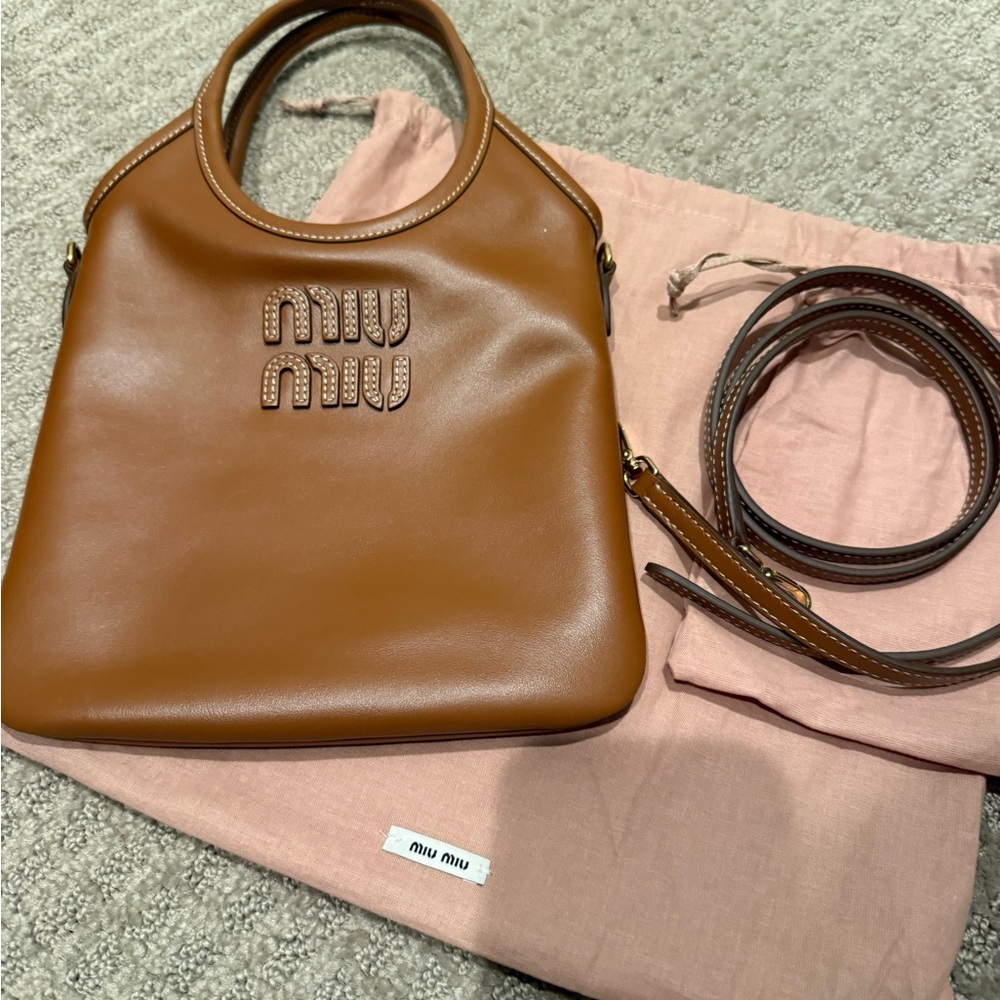 Miu Miu Brown Leather Shoulder Bag with Embossed Logo